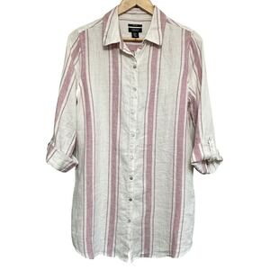 Jones & Co Linen Cabana Stripe Shirt Women M Button Down Roll Tab Beach Vacation